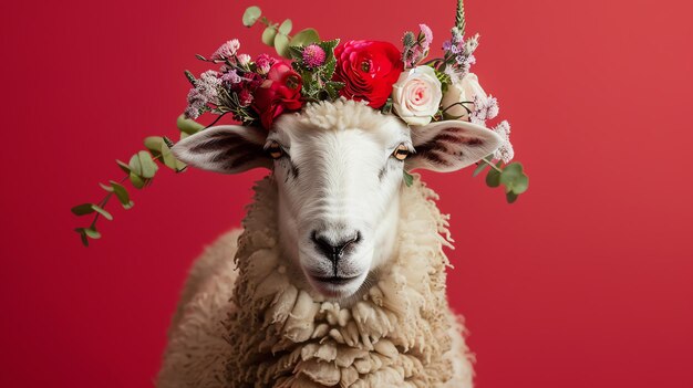写真 赤とピンクの花の冠をかぶった可愛くてふわふわした白い羊羊は固い赤い背景に立っています