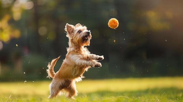 写真 可愛くて幸せな犬が晴れた日に公園で釣りをしている