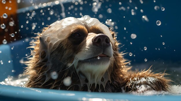 写真 サングラスをかけ、泡のある浴槽に座っているかわいい動物