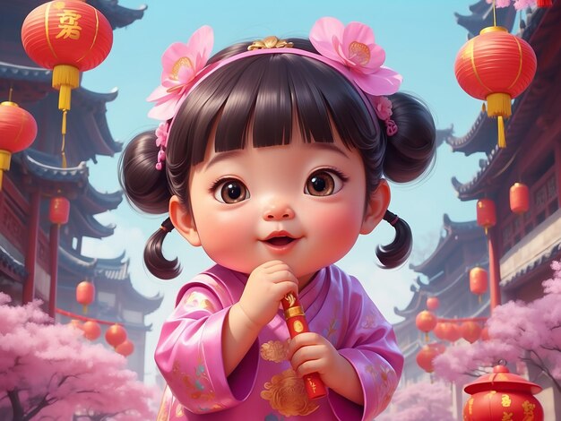 사진 중국 신년을 축하하는 귀여운 아기 소녀