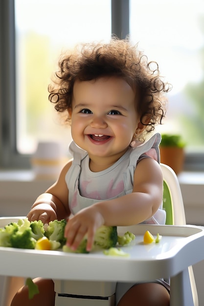 写真 かわいい赤ちゃんが台所の高い椅子に座って赤ちゃんの食べ物を食べている