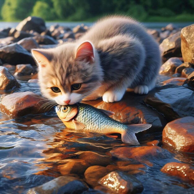 写真 川岸で魚を食べている可愛い猫