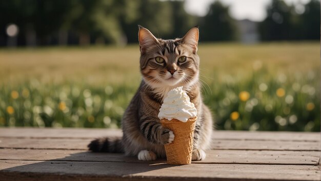 写真 夏のアイスクリームを食べている可愛い猫