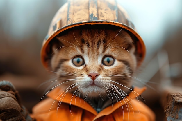 写真 可愛い猫はオレンジ色のヘルメットをかぶった労働者建設現場の毛深い小さなエンジニアです
