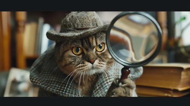Фото Милая кошка в коричневой твидовой шляпе и пальто держит лупу до глаза. кошка сидит на столе перед книжной полкой.