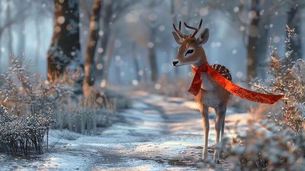 写真 赤いスカーフをかぶった可愛い鹿が雪の森に立っています鹿は奇妙な表情でカメラを見ています