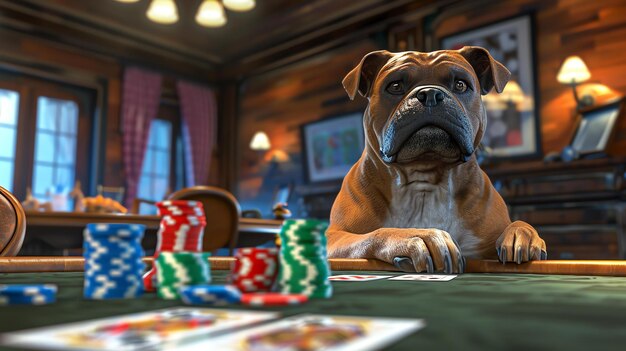 写真 帽子をかぶった可愛い犬がポーカーテーブルに座っていますテーブルにはポーカーチップとカードがあります