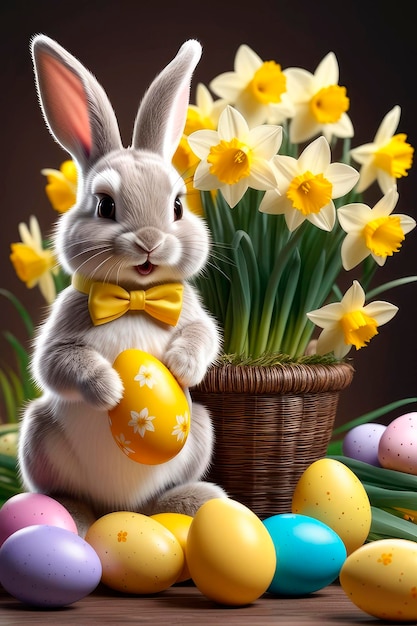 Фото Милый пасхальный кролик в шляпе с деревянной тележкой и пасхальными яйцами в саду