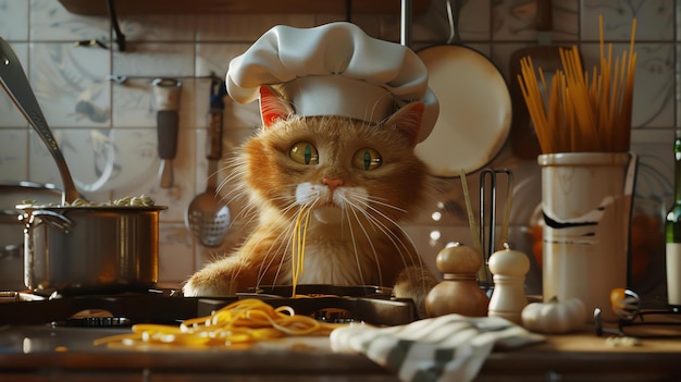 사진 색 요리사 모자를 입은 귀여운 홍색 고양이가 부에서 스파게티를 조리하고 고양이는 카운터에 서서 포크와 <unk>을 들고 있습니다.