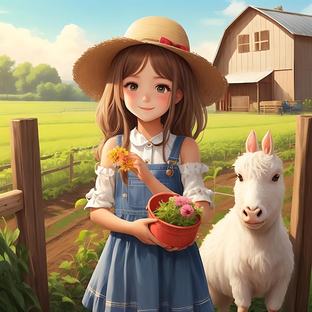 사진 농장에서 귀여운 소녀 ai