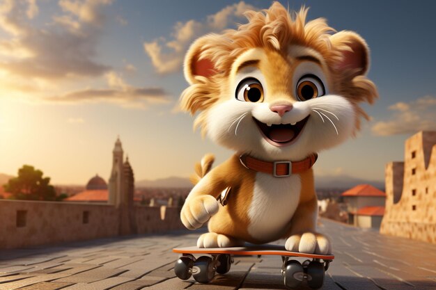Фото Милый лев катается на скейтборде с красивым фоном