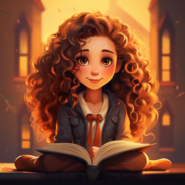 Фото Миленькая девочка с овальными волосами усердно читает книгу.