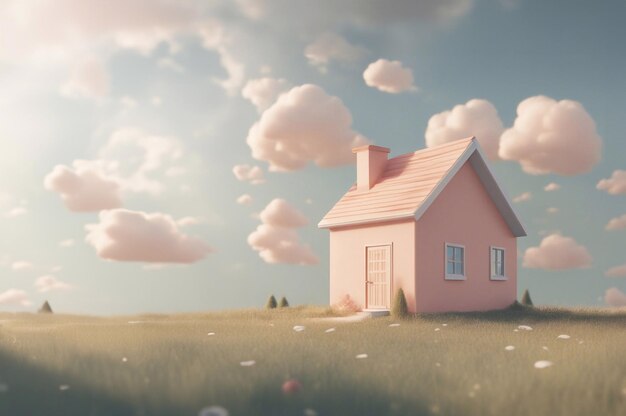 사진 a cute little house in the meadow 3d render style generative ai illustration art