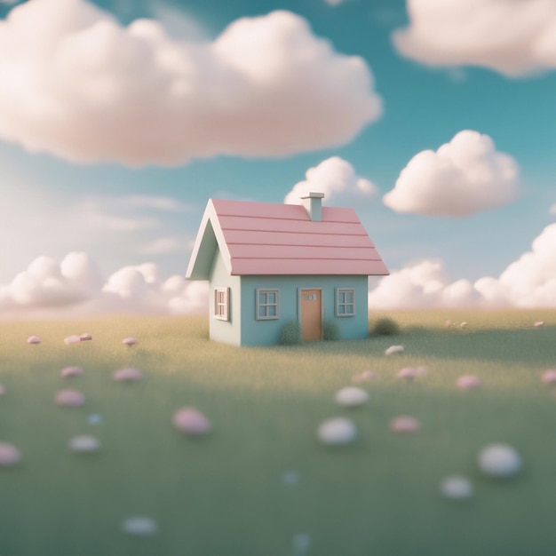 사진 a cute little house in the meadow 3d render style generative ai illustration art