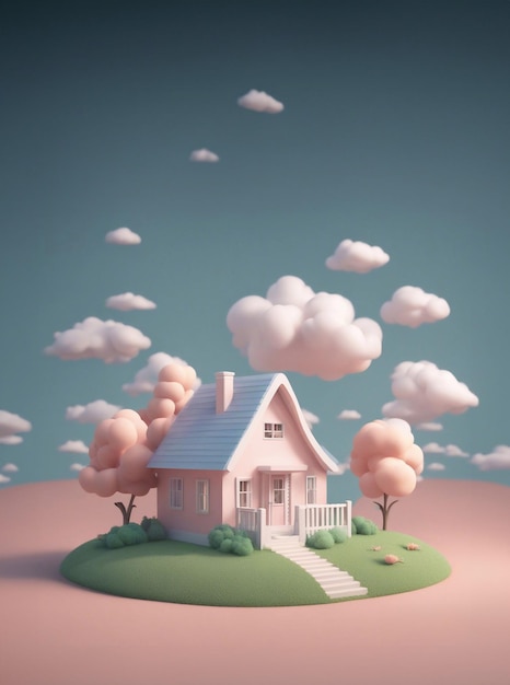 Фото Милый маленький дом на луге 3d рендеринг стиль генеративный ай иллюстрация