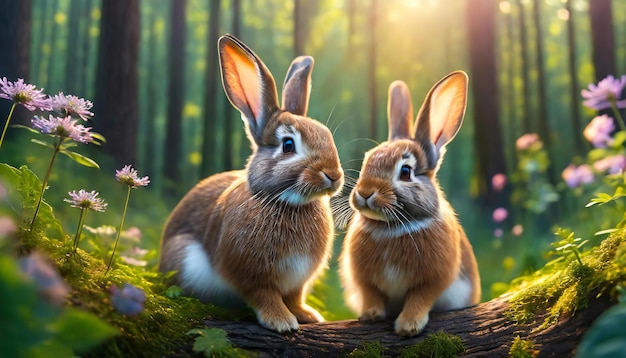 사진 초록 잔디에 있는 귀여운 작은 토끼들