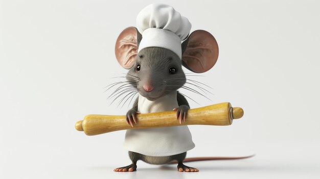 Фото Милый мышиный шеф-повар держит катушку, он носит белую шляпу и фартук шеф-повара, у него большая улыбка на лице.