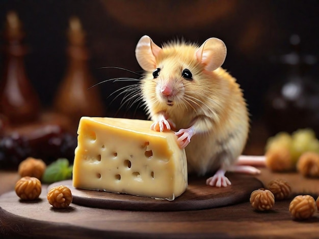 写真 黄色いチーズの片の上に座っている可愛いネズミ