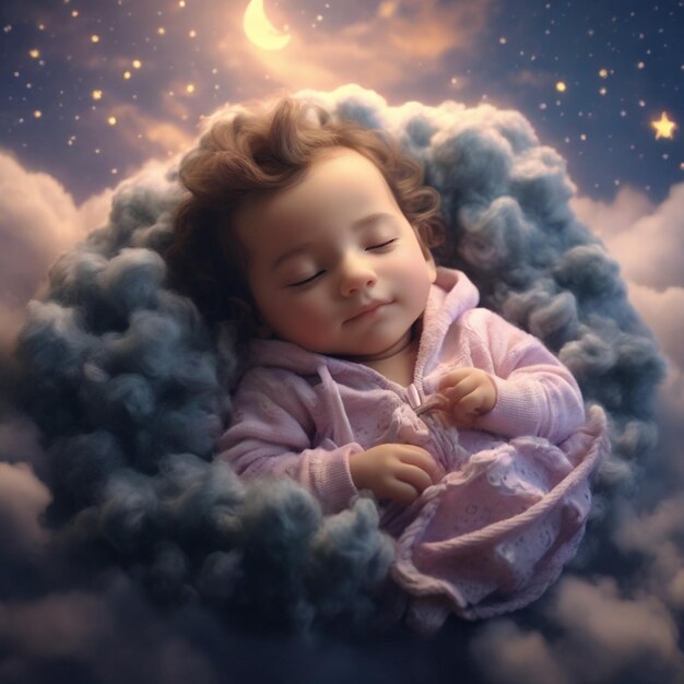 Фото Милый новорожденный ребенок спокойно спит на пушистом облаке с кудрявыми волосами и ночной темой счастливого сонного полумесяца.