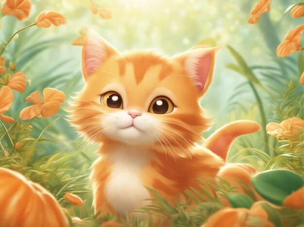 사진 흐릿한 정글 배경 에 고립 된 귀여운 오렌지색 새끼 고양이 만화