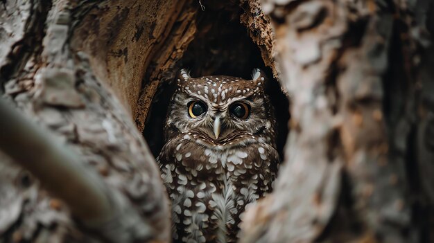 写真 かわいいオオカミが木の穴から飛び出しているオオカマには大きな丸い目とふわふわした体があり奇妙な表情でカメラを見ている