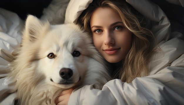 Фото Милый щенок и женщина улыбаются чистокровной собаке, смотрящей на камеру, сгенерированную ии