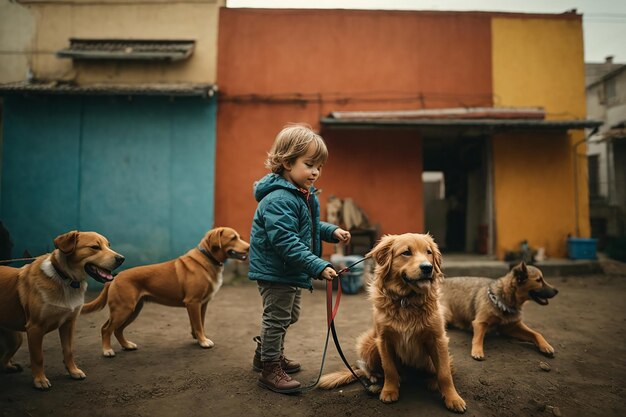 Фото Милый маленький мальчик играет с собакой на заднем плане