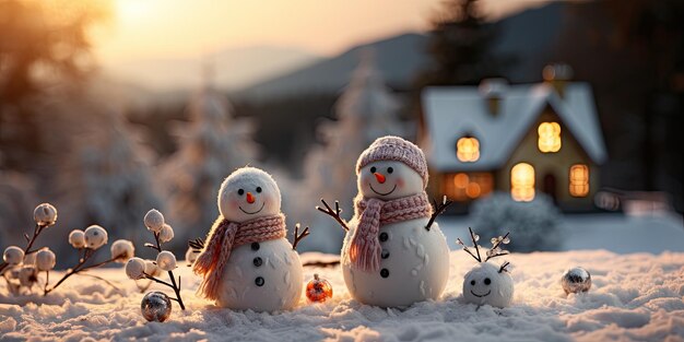Фото Милый улыбающийся снеговик в самом большом снегу с фоном боке рождественской елки и дома