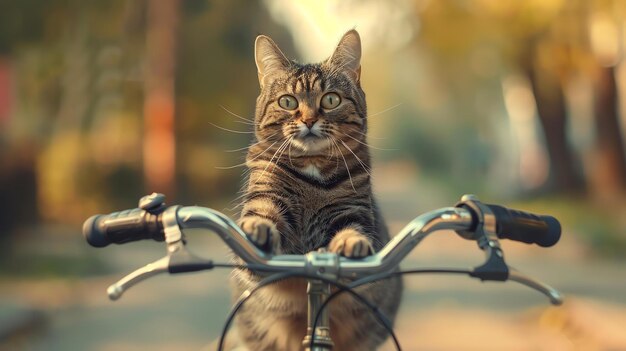 写真 かわいいタビー猫が自転車のハンドルバーに座って大きな緑色の目でカメラを見ています