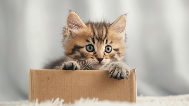 Фото Милый котенок сидит в картонной коробке котенок смотрит в камеру своими большими круглыми глазами шерсть котенка мягкая и пушистая