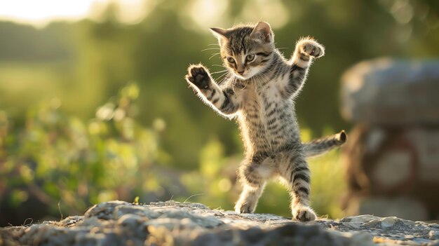 Фото a cute tabby kitten is standing on a rock in the middle of a field the kitten is looking at the camera with its paws in the air