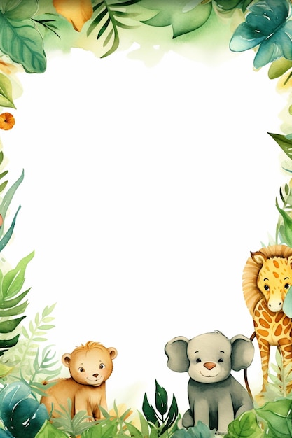 사진 동물 프레임 배경과 함께 귀여운 수채색 정글 테마 경계