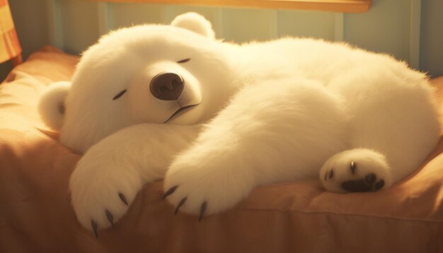 写真 可愛い白いクマが眠っている間におやすみなさいと言う