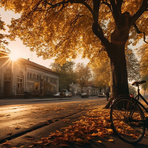 Фото Велосипед на дороге перед зданием на закате