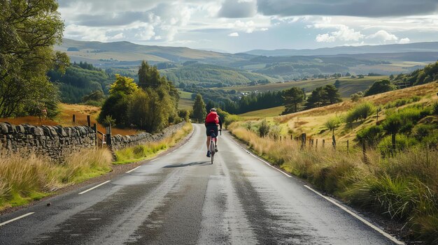 写真 スコットランド・ボーダーズの農村道路を自転車で走る