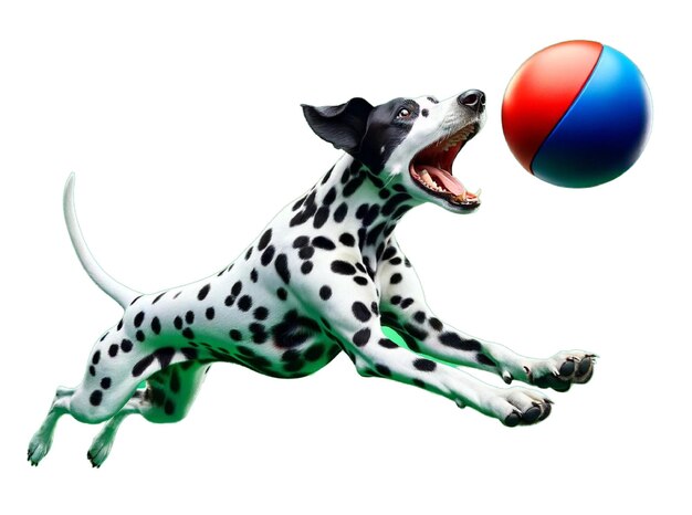 写真 ダルマチア犬が真ん中ジャンプで熱心に赤いボールを捕まえている