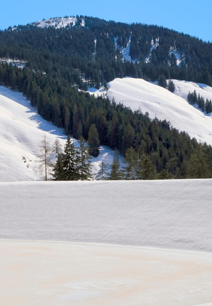 オーストリアの冬の青い晴れた空の下で木々と雪山の凍った湖のダム