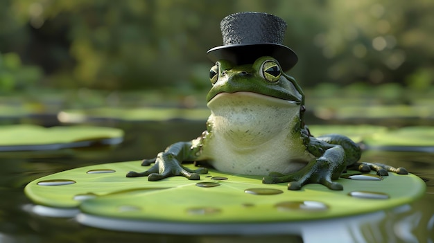 사진 꼭대기 모자를 입은 멋진 개구리는 연못의 릴리 에 앉아 있다. 개구리는 조용한 표정으로 관객을 바라보고 있다.