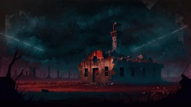 Фото Тёмная и мрачная сцена с маяком и светом в небе.
