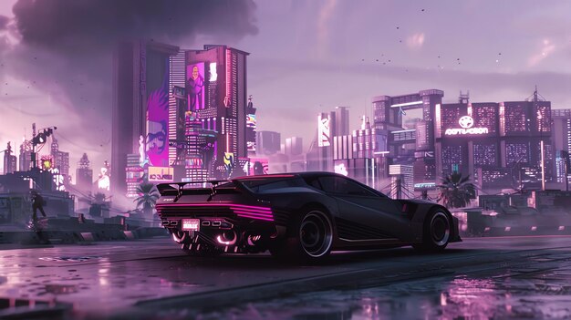 Фото Темная и таинственная машина проезжает через футуристический город, полный высоких зданий и ярких огней.