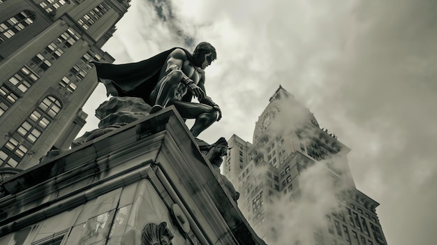 Фото Темный и загадочный супергерой стоит на вершине здания, смотрящий на город.