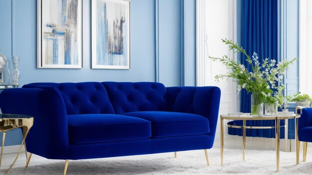 写真 リビングルームの濃い青いソファ