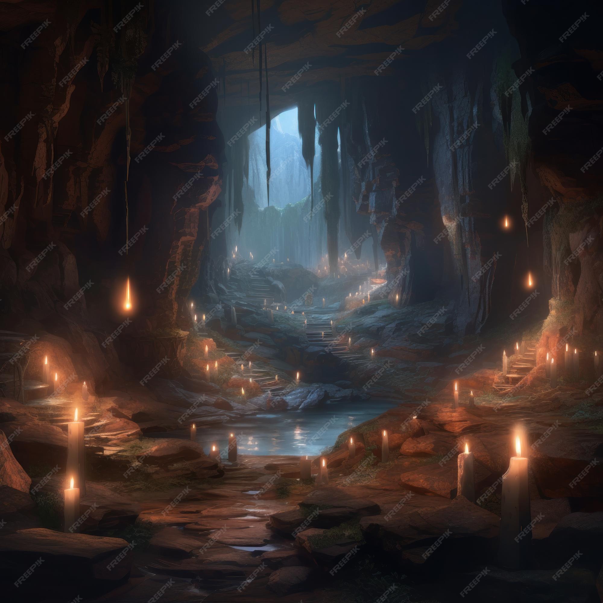 ろうそくが灯された暗い洞窟と、左に火のともったろうそく。