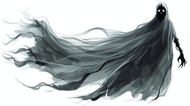 Фото Темная эфирная фигура с длинными волосами на ней разорванное плащ и призрачная прозрачная внешность