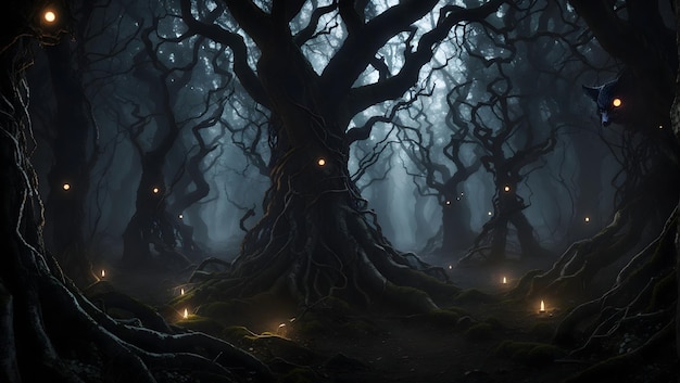 Фото Темный лес с светящимися глазами изображение генерируется с использованием искусственного интеллекта