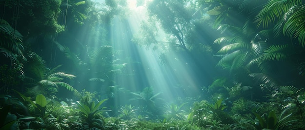 写真 暗い熱帯雨林木々と茂ったジャングルの植生を通ってフィルターされた太陽の線3dの囲気の細部を備えたファンタジーフォレスト