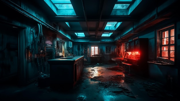 Фото Темная комната со столом и лампой с надписью «комната — это темная комната».