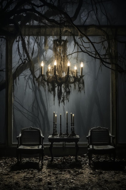 写真 2 つの椅子とシャンデリアのある暗い部屋