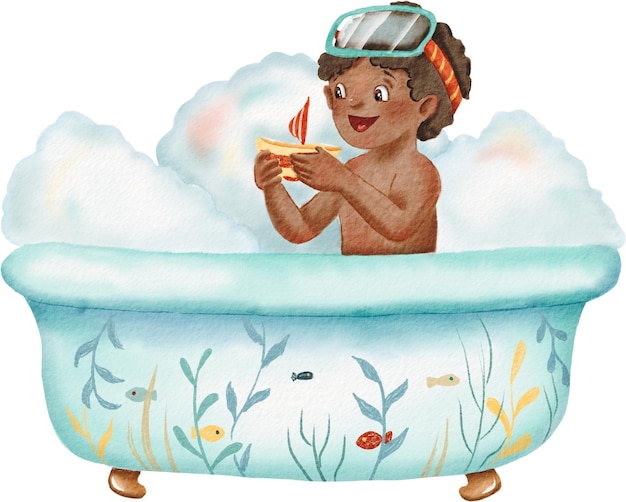 사진 어두운 피부 소년은 거품 파란 욕조에 앉아있다. 아이는 장난감 배를 놀고 있다. 욕조에는 많은 비누 거품이 있다. 고립된 수채화 일러스트레이션 만화 스타일