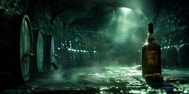 사진 초록색 배경을 가진 어두운 터널과 중간에 슈트를 입은 남자